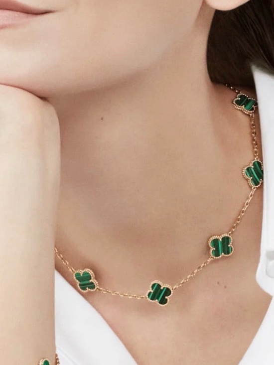 None Jewelry - Alhambra Style Green Clover Motif Gold Chain Necklace